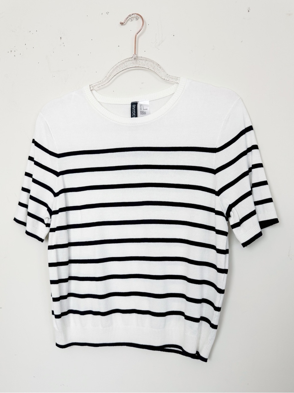 Divided White Short Sleeve Top with Black Stripes